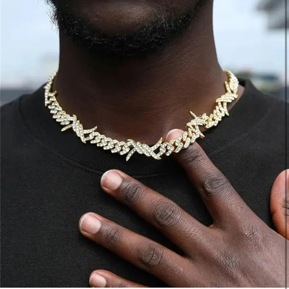 18K Gold Plated Cuban Link Thorn Flame Zircon Necklace